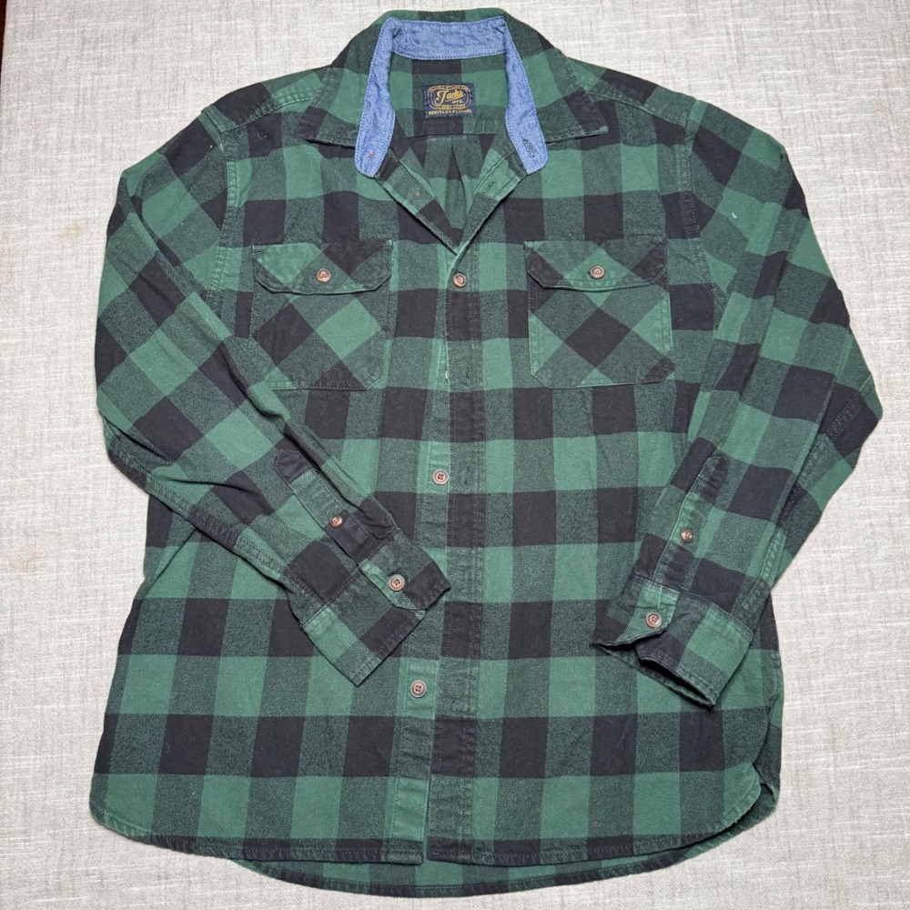 Jachsโ NY Mens Heritage Flannel Shirt Green Black Buffalo Plaid Cotton Large